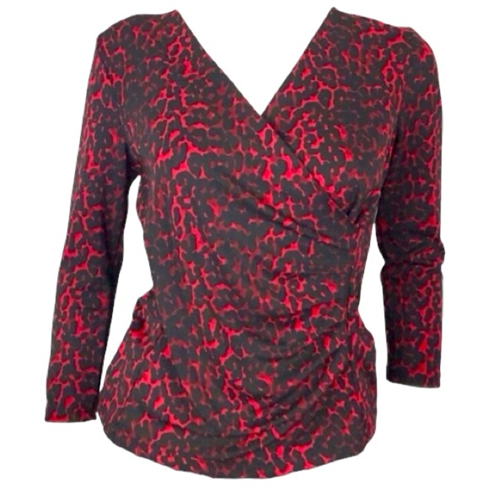 TALBOTS Animal Print Faux Wrap with Side Ruching V-Neck 3/4 Sleeve Top size M